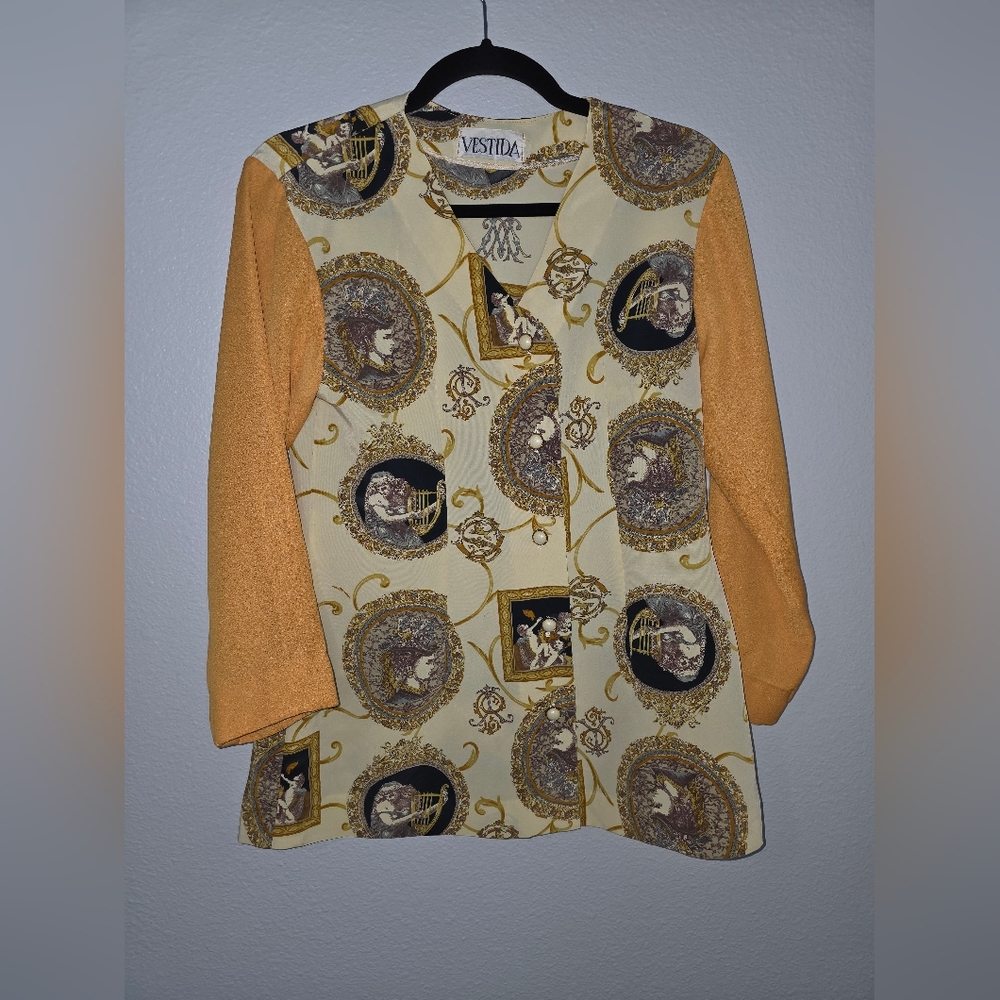 Vestida Cream and Gold Artistic Blouse With Skirt